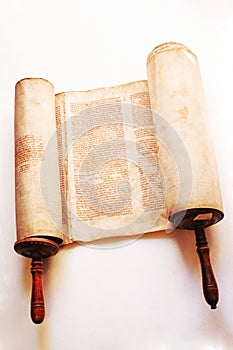 Old torah scroll book close up detail. Torah, the Jewish Holy Book