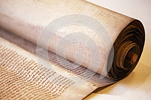 Old torah scroll book close up detail. Torah Jewish People