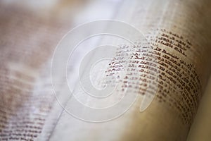 Old torah scroll book close up detail. Torah Jewish People