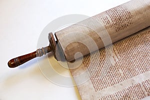 Old torah scroll book close up detail. Torah Jewish People