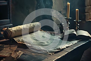 Old torah scroll on desk with ancient papyrus