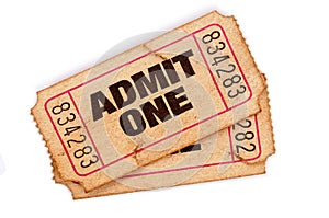 Old torn admit one movie tickets isolated white background