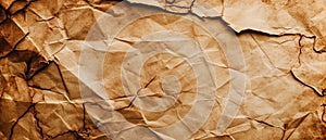 Old torn crumpled paper texture background, brown vintage sheet. Wide banner of rough worn wrapping paper or parchment. Theme of