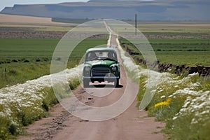 old tourism, driving on a dirt road.