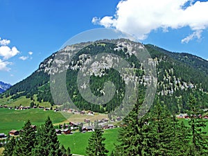 An old tourist-livestock alpine settlement in the Saminatal valley and along an artificial lake GÃ¤nglesee Ganglesee or Gaenglesee