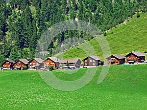 An old tourist-livestock alpine settlement in the Saminatal valley and along an artificial lake GÃ¤nglesee Ganglesee or Gaenglesee
