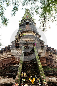 The old tower built of bricks is damaged at Worachet temple.