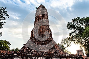 The old tower built of bricks is damaged at Worachet temple.