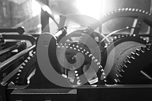 Old tower clockwork black and white