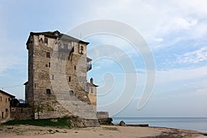 The old tower in Ouranoupoli village, Chalkidiki, Greece