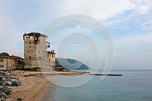 The old tower in Ouranoupoli village, Chalkidiki, Greece