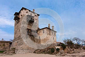 The old tower in Ouranoupoli village, Chalkidiki, Greece