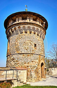 Old tower at Wernigerode castle with blue sky. Germany