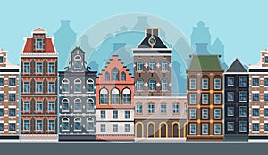 Old town background. Seamless urban landscape with vintage european buildings retro city garish vector cartoon