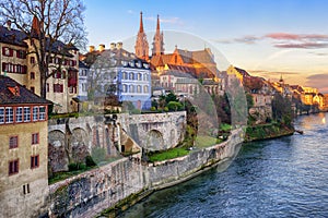 Old town of Basel with Munster cathedral facing the Rhine river, Switzerland