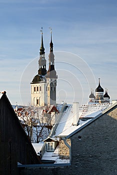 Old town belltowers. View from Helleman tower. Tallinn. Estonia