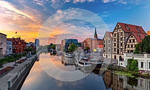 Old Town and Brda River at sunrise in Bydgoszcz, Poland