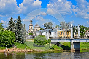 Old town bridge over the Tertsa river in Torzhok