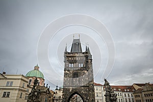 Old town bridge tower of Charles Bridge Karluv Most, or staromestska mostecka vez in Prague, Czech Republic, seen from below