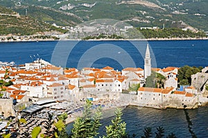 Old Town Of Budva. Aerial view of the old town of Budva, and beach, Montenegro