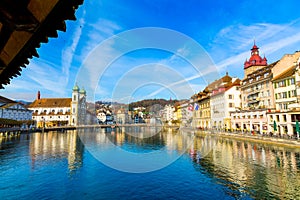 Old town buildings and bridge in Lucerne city in Switzerland