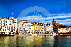 Old town buildings over Reuss river in Lucerne city, Switzerland