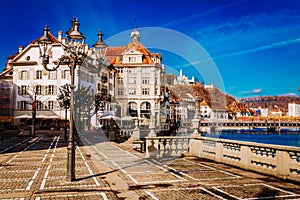 Old town buildings over Reuss river in Lucerne city, Switzerland