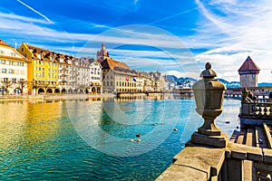 Old town buildings over Reuss river in Lucerne city, Switzerland