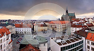 Old Town with Christmas Market and Cathedral of St. Peter and Paul in Brno, Czech Republic as Seen from City Hall Tower at Night