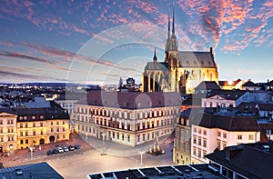 Old Town with Christmas Market and Cathedral of St. Peter and Paul in Brno, Czech Republic as Seen from City Hall Tower at Night