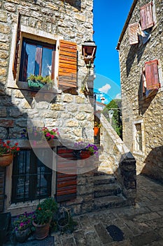 Old Town Citadela with paved narrow street in the Budva city