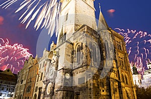 Old Town City Hall in Prague (Night view) and holiday fireworks, view from Old Town Square, Czech Republic