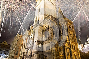 Old Town City Hall in Prague (Night view) and holiday fireworks, view from Old Town Square, Czech Republic