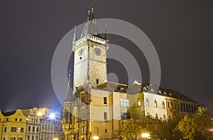 Old Town City Hall in Prague Night view, view from Old Town Square, Czech Republic