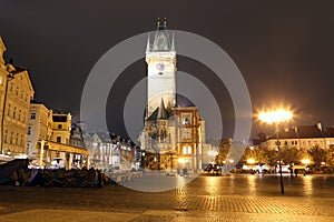 Old Town City Hall in Prague (Night view), view from Old Town Square, Czech Republic