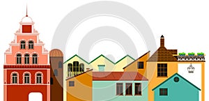 Old town cityscape. Vector colorful panoramic view of houses