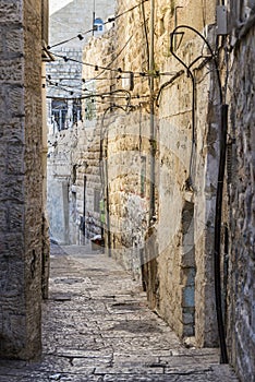 Old town cobbled street in ancient jerusalem city israel