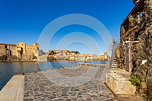 Old town of Collioure, France, a popular resort town on Mediterranean sea.