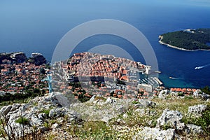 Old town of Dubrovnik, Croatia, seen from above with the Adriatic sea in the background.