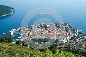 Old town of Dubrovnik, Croatia, seen from above with the Adriatic see in the background.