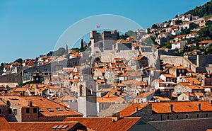 Old Town of Dubrovnik, red tiled roofs and blue sky