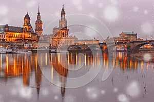 Old Town and Elba at night in Dresden, Germany