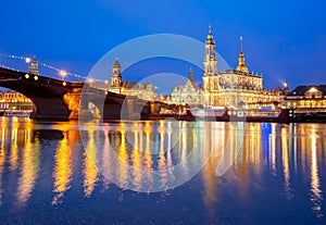 Old Town and Elba at night in Dresden, Germany