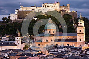 Old town and fortress at night. Salzburg. Austria