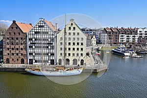 Old town of Gdansk, a ship on the Motlawa rive