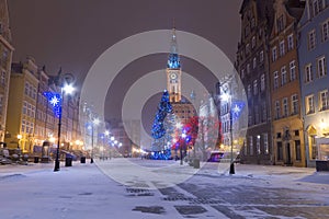Old town of Gdansk in winter scenery with Christmas tree