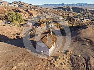 Old town of gold miners in the sunny desert. Calico ghost town.