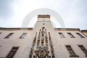 Old Town Hall of Brno, Czech republic, also called Stara Radnice, with its iconic belfry clock tower with its medieval sculptures