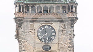 Old Town Hall tower of Prague timelapse with Astronomical Clock Orloj close up view, Czech Republic.