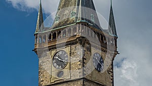 Old Town Hall tower of Prague timelapse hyperlapse with Astronomical Clock Orloj close up view, Czech Republic.